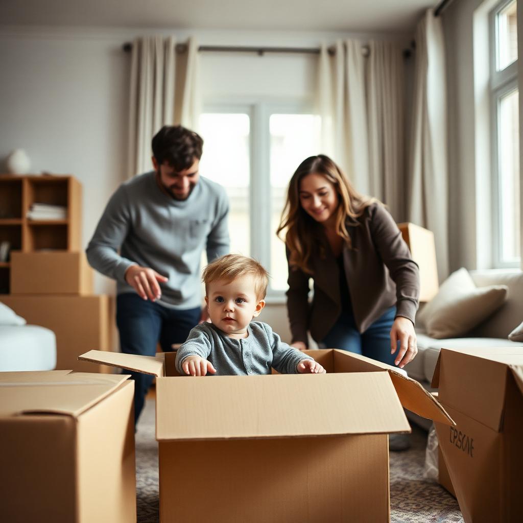 Une famille souriante emballe des cartons dans son salon avant un déménagement