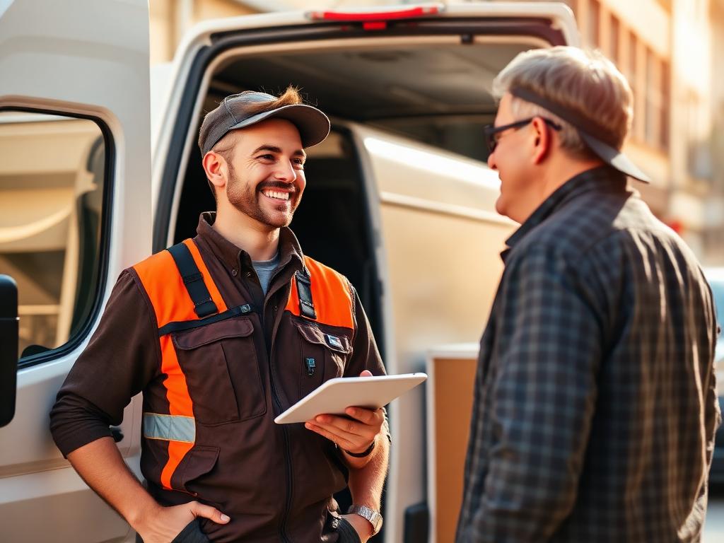 Un transporteur professionnel discute avec un client près de son utilitaire