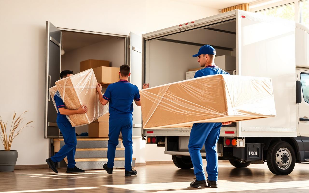 Déménageurs professionnels chargeant des meubles protégés dans un camion
