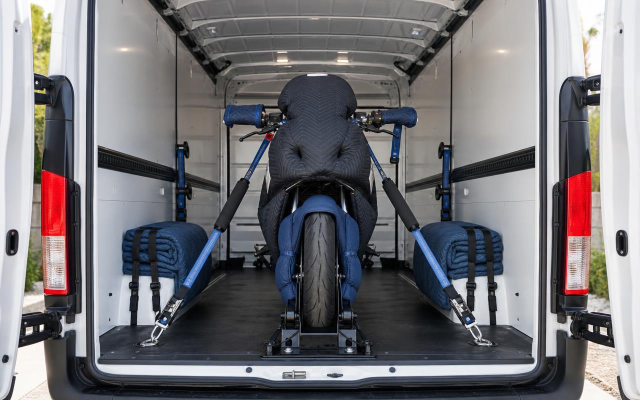 Moto protégée par des couvertures et sanglées à l'intérieur d'une camionnette de transport