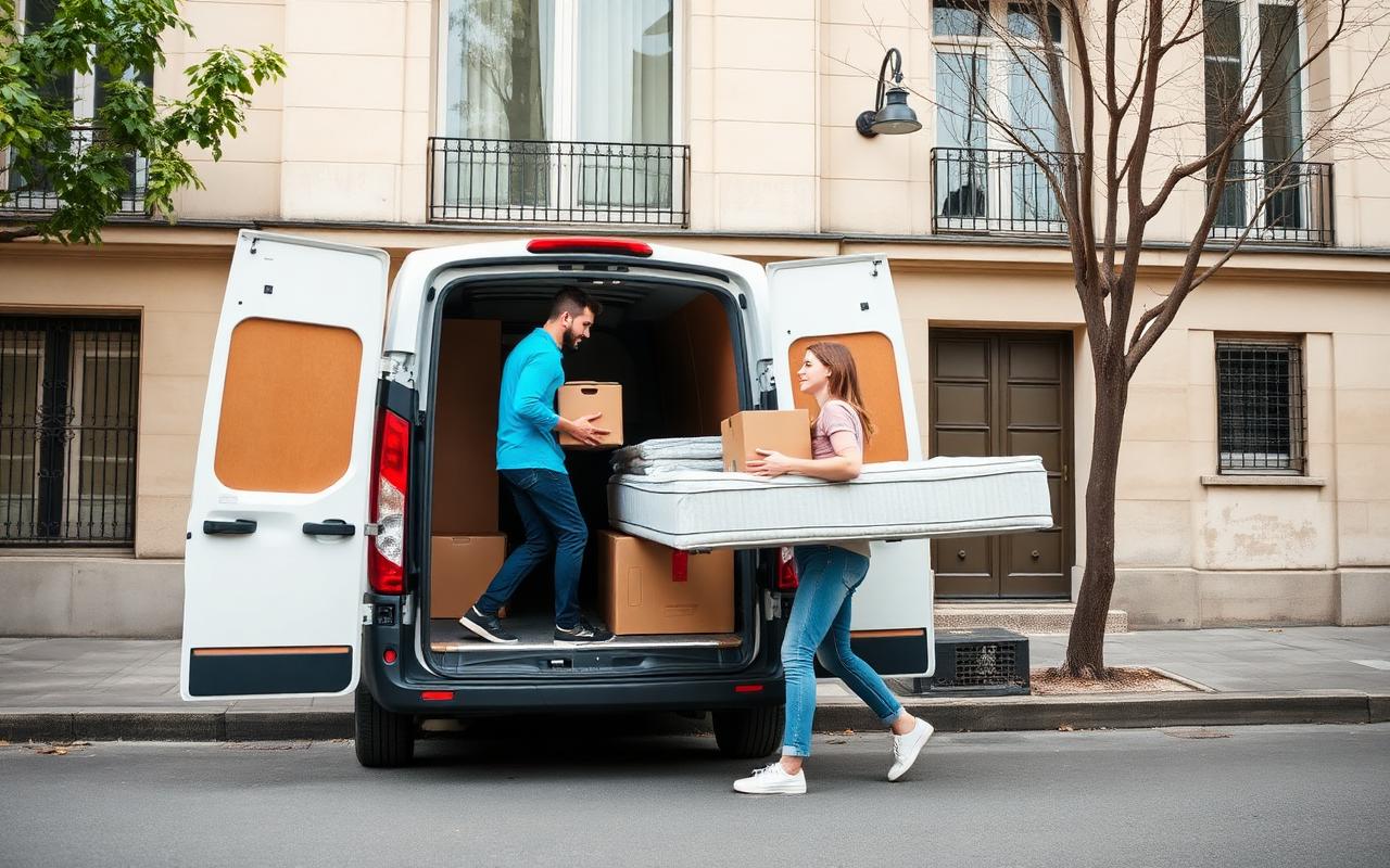 Couple chargeant des cartons et un matelas dans une camionnette devant un immeuble