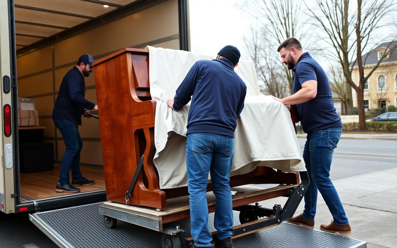 Déménageurs chargeant un piano droit protégé par des couvertures sur un chariot dans un camion